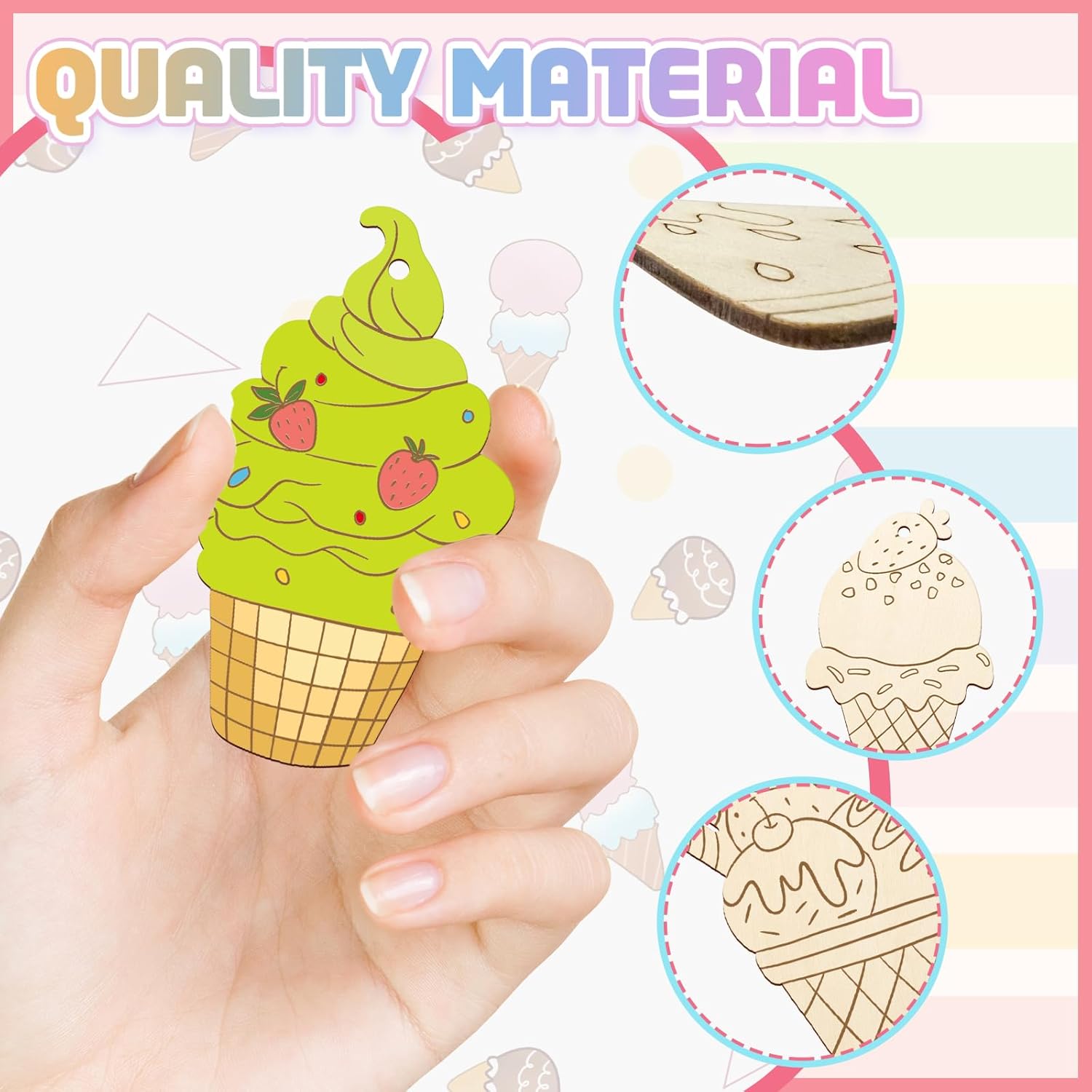 80PCS Wooden Ice Cream Cutouts Ornaments to Paint,Summer Decorations 8 Styles DIY Blank Unfinished