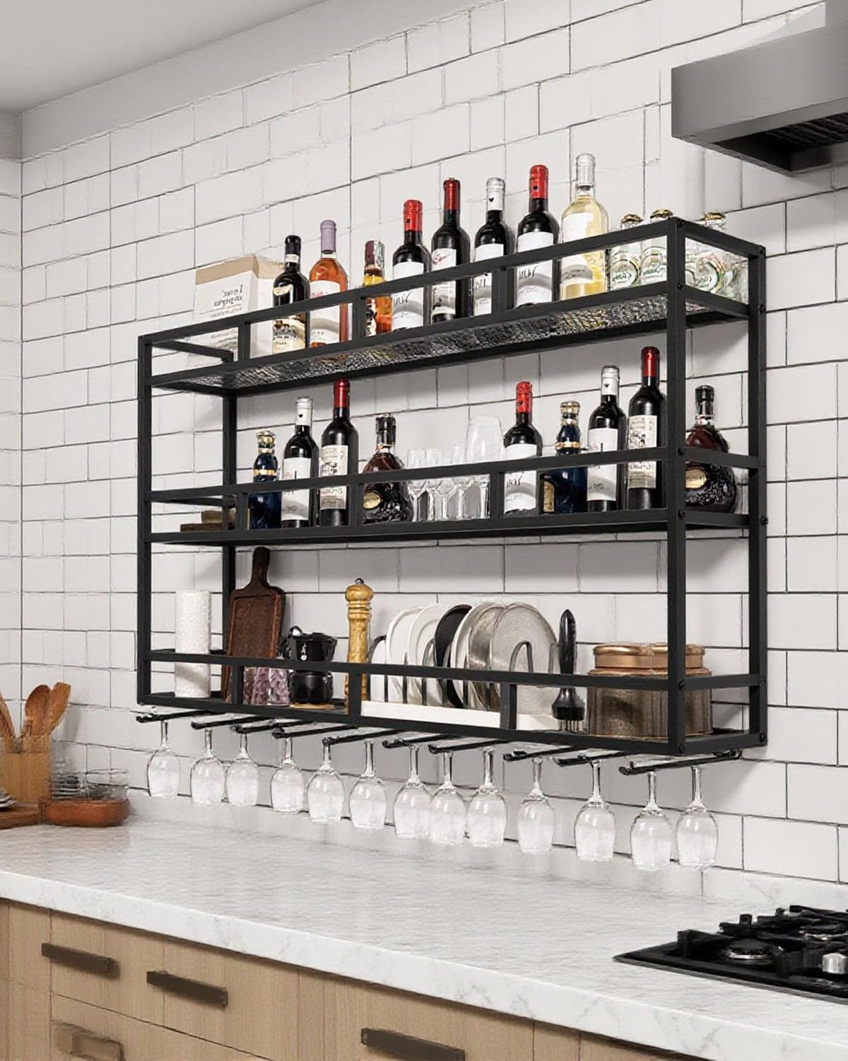 59" Large Wine Rack Wall Mounted with Bottle Glass Holder, 3-Tiers Metal Liquor Floating Shelves