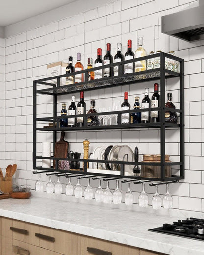 59" Large Wine Rack Wall Mounted with Bottle Glass Holder, 3-Tiers Metal Liquor Floating Shelves