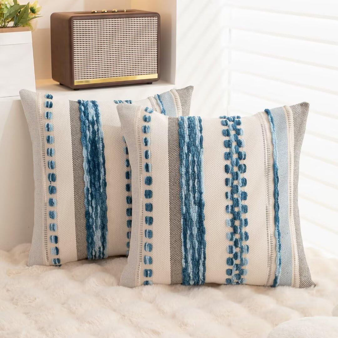Boho Throw Pillow Covers 18x18 Set of 2 Farmhouse Decorative Cushion Case Striped Square Pillows