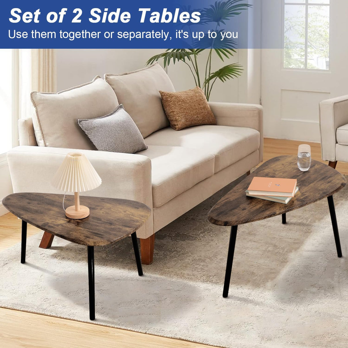 Nesting Coffee Tables, Nested Table with Wooden Legs Set of 2 - Triangle Side Table for Living
