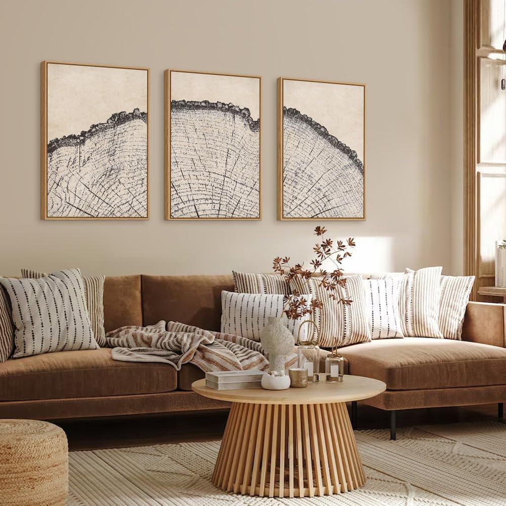 HPINUB Vintage Wood Tree Rings Wall Art Set, Framed Canvas Paintings, Black and White