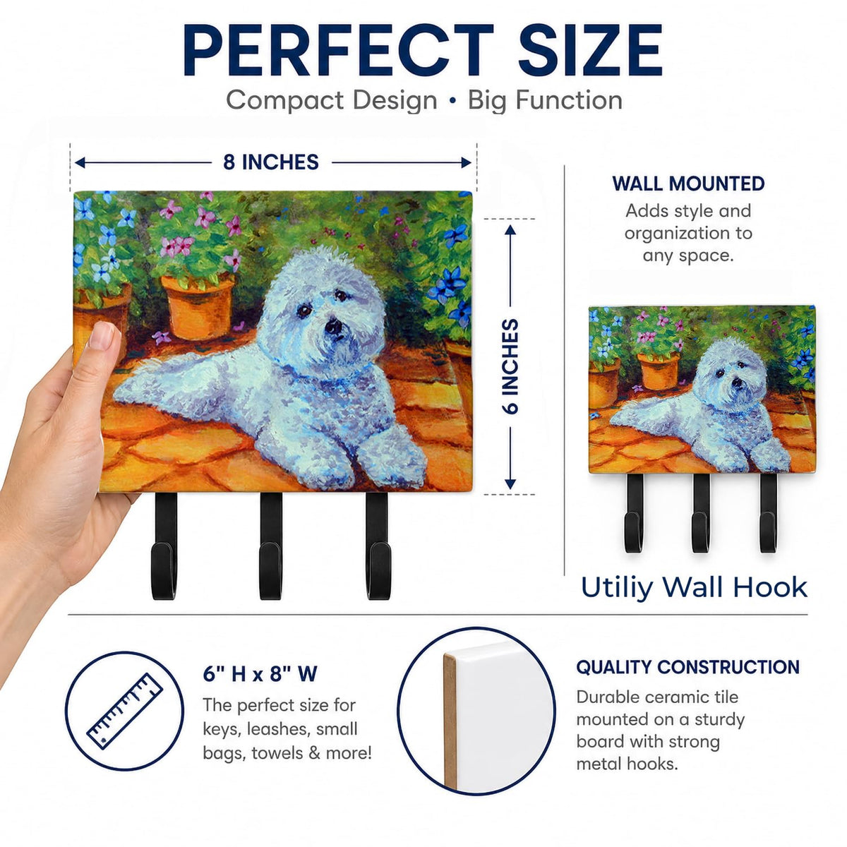 Caroline's Treasures 7346TH68 Bichon Frise on the patio Leash or Key Holder, Wall Hooks, Key Hooks