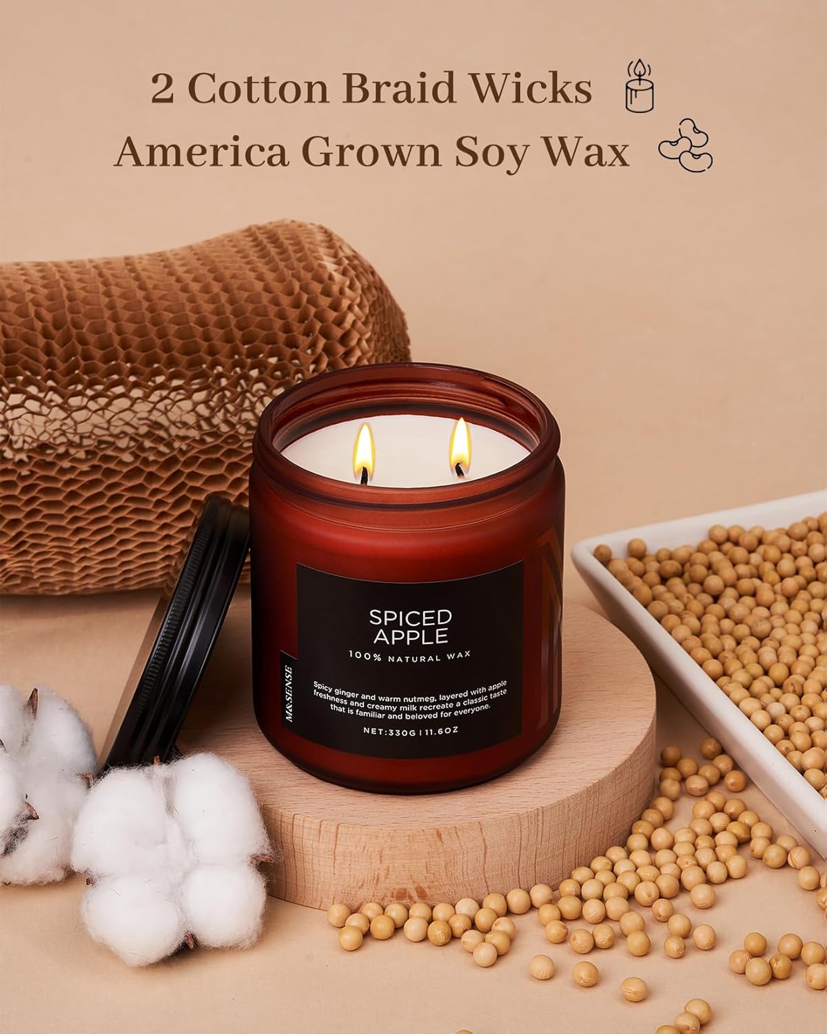 M&SENSE Spiced Apple 2 Wick Fall Scented Candle, 11.6oz Natural Soy Wax Candle for Autumn Decor, Up