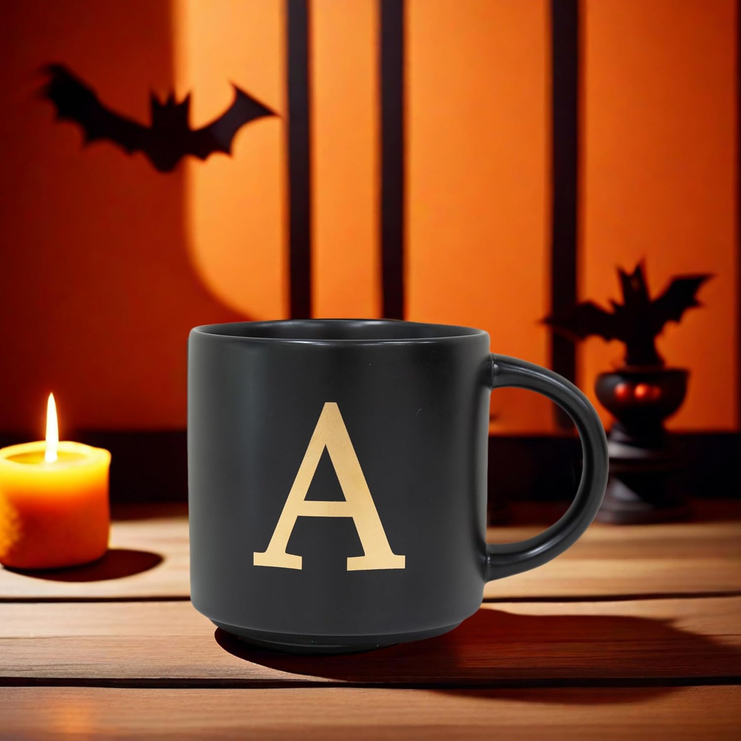 COLLECTIVE HOME - Monogram Ceramic Mugs, 15 oz Golden Initial Black Coffee Cups, Elegant Alphabet