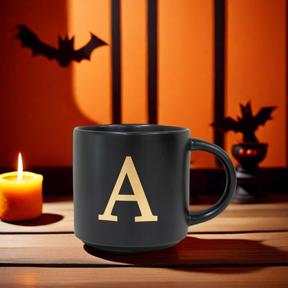 COLLECTIVE HOME - Monogram Ceramic Mugs, 15 oz Golden Initial Black Coffee Cups, Elegant Alphabet
