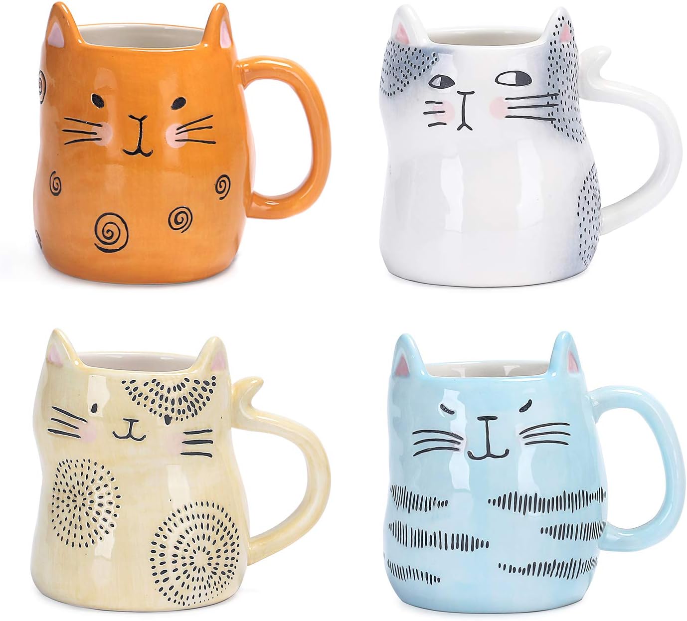 Bico Cartoon Cat Coffee Mugs Set of 4, Cute Ceramic Mugs with Unique Cats Faces, Stoneware Coffee