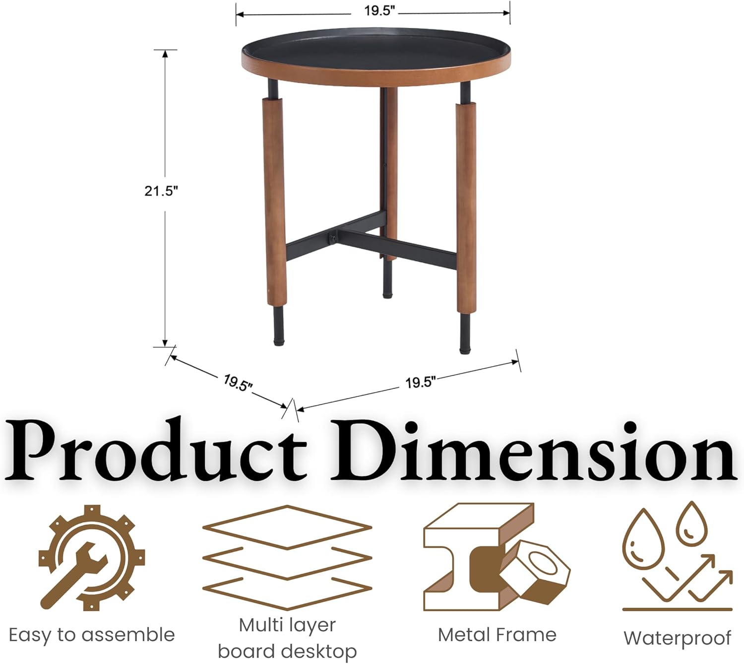 EALSON 19.5" Round Side Table Mid Cnetury Modern End Table for Couch Sofa with Black Metal