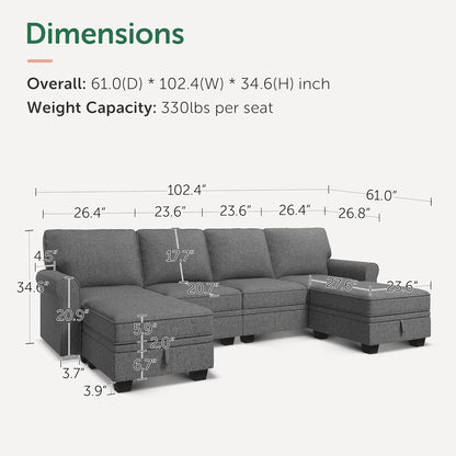HONBAY Convertible Sectional Sofa with Storage U Shaped Sectional Couch with Reversible Chaise