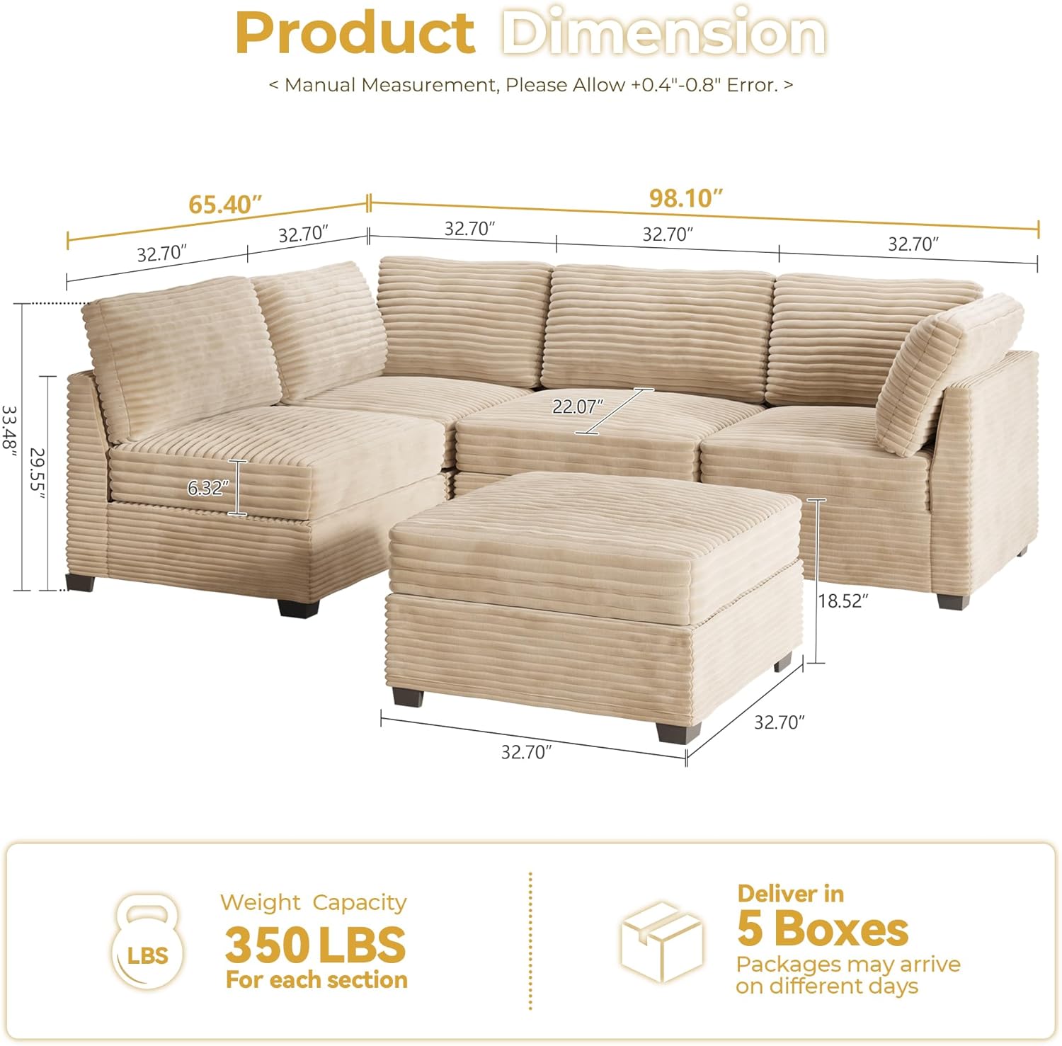 HOOOWOOO Modular Sectional Sofa,5 Pieces Sectional Couches for Living Room,98X55 L Shaped Cloud
