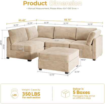 HOOOWOOO Modular Sectional Sofa,5 Pieces Sectional Couches for Living Room,98X55 L Shaped Cloud