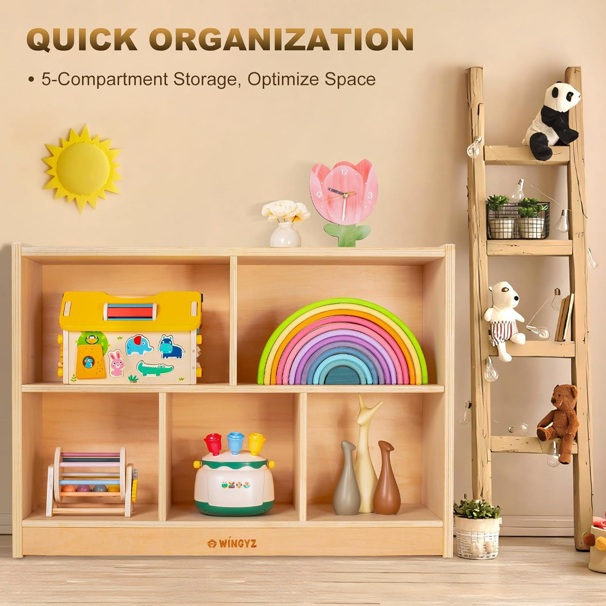 wingyz Wood Storage Shelf Organizer, 35.4" L, 5-Section Montessori Kids Toy & Book Shelf, Wooden