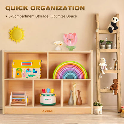 wingyz Wood Storage Shelf Organizer, 35.4" L, 5-Section Montessori Kids Toy & Book Shelf, Wooden