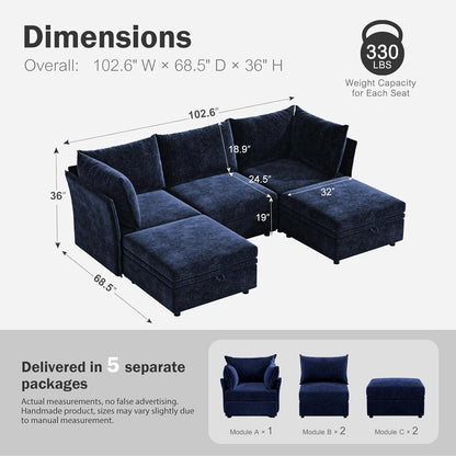 102.6" U Shaped Modular Sectional Sofa, 5 Seater Couch with Storage Ottoman Deep Seat and High