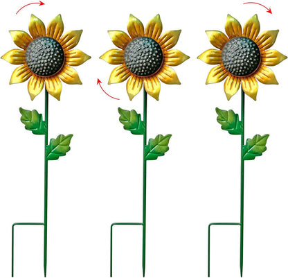 WAIU Metal Sunflower Flower Garden Stakes, Wind Catcher Spinner Garden Stakes, Garden Windmill