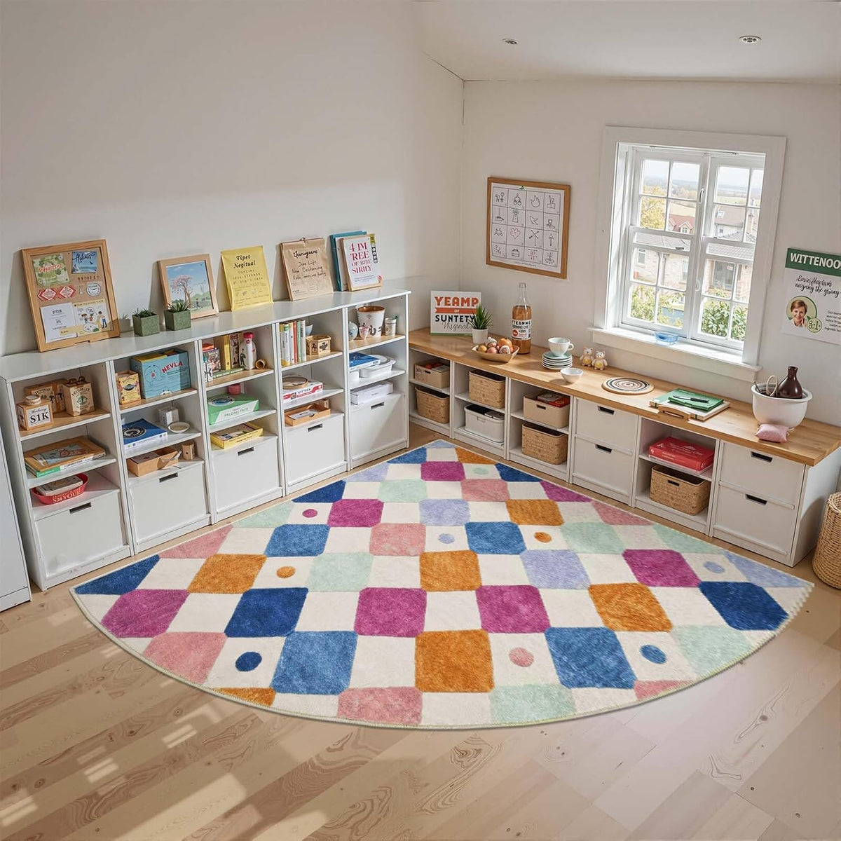 jinchan Kids Rug for Classroom 7ft Radius Corner Washable Area Rug Modern Colorful Quarter Circle