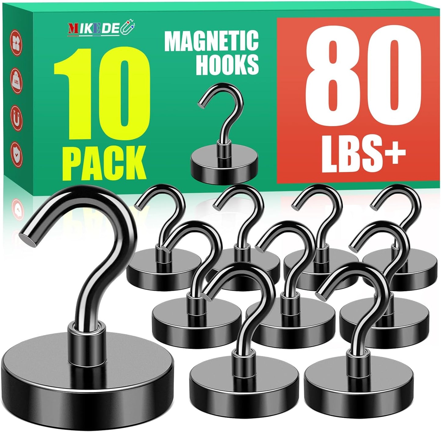 MIKEDE Black Magnetic Hooks, 80Lbs Heavy Duty Earth Magnets with Hooks for Cruise Cabin, Strong