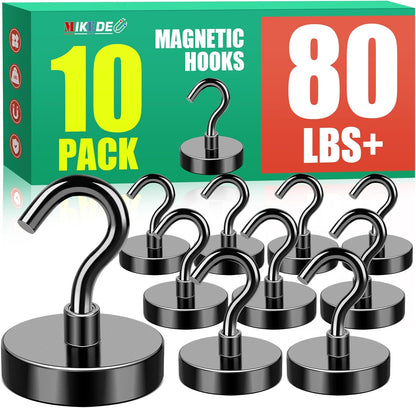 MIKEDE Black Magnetic Hooks, 80Lbs Heavy Duty Earth Magnets with Hooks for Cruise Cabin, Strong