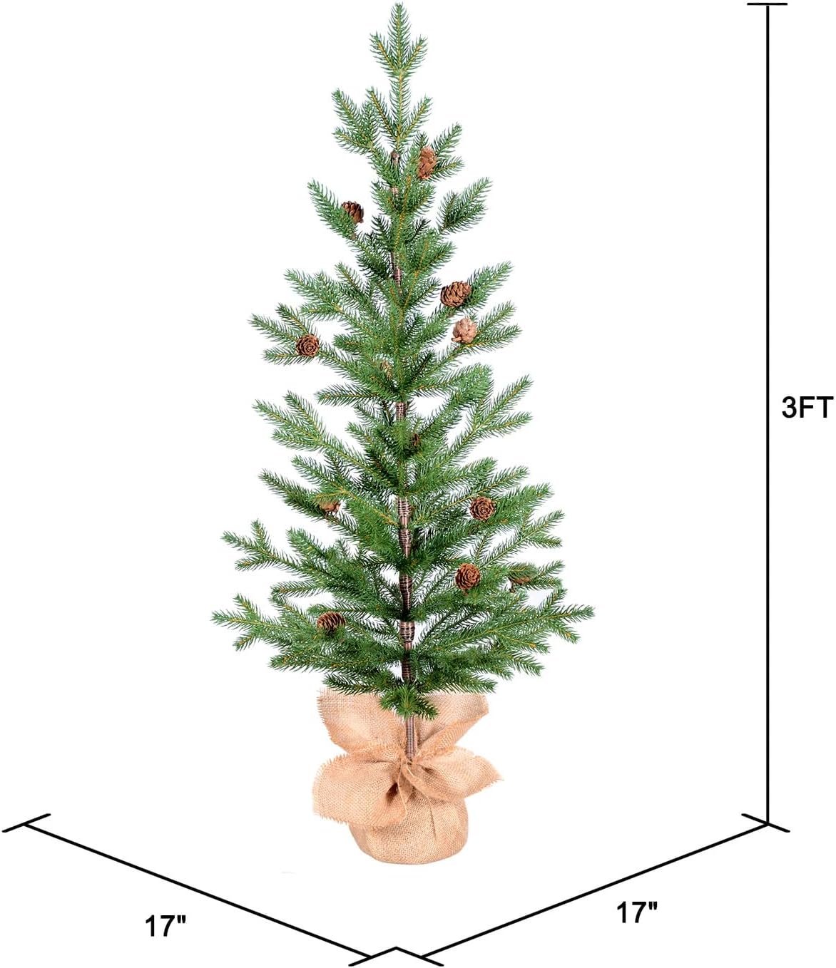 3FT Tabletop Artificial Christmas Tree, 209 Realistic PE Branches, Pine Cone Decorations, Unlit