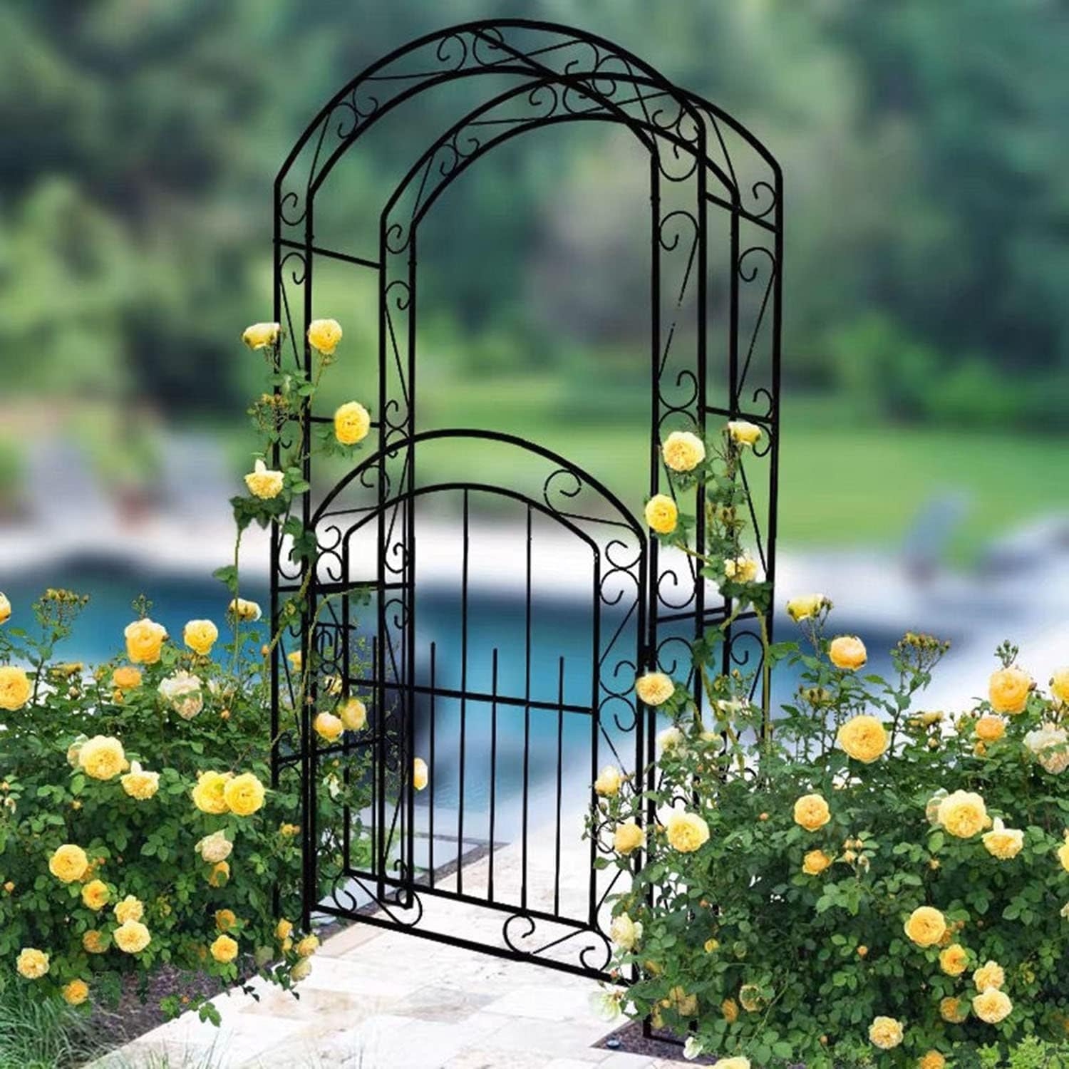 Steel Garden Arch with Gate, Garden Arbor for Various Climbing Plant, Metal Archway Trellis Pergola