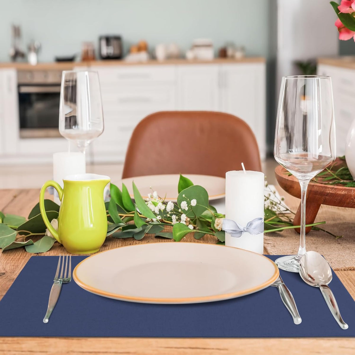 MANSPHIL Navy Blue Cloth Placemats Set of 6, Double Layer Faux Linen Place Mats Heat Resistant