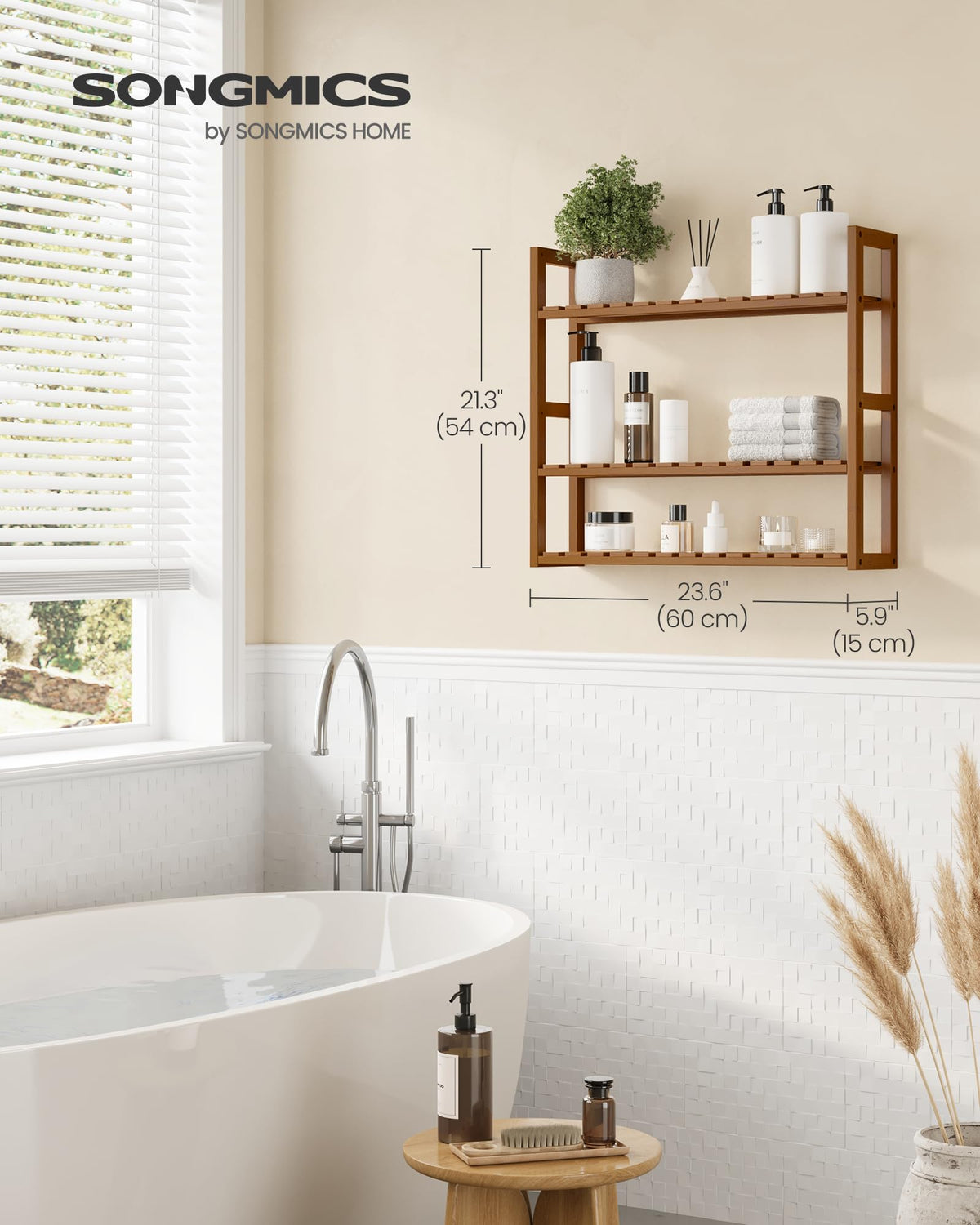 SONGMICS Bamboo Bathroom Shelf, 3-Tier Adjustable Plants Rack, Wall-Mounted or Stand, in The Living