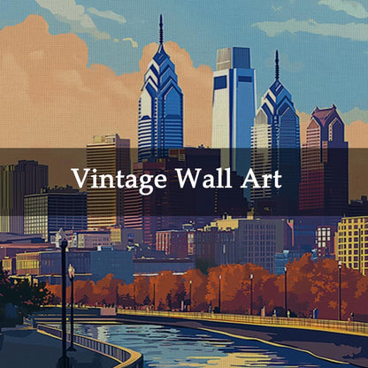 WREVERW Vintage Philadelphia Poster Canvas Print with Wooden Hanger Frame, Featuring Skyline and
