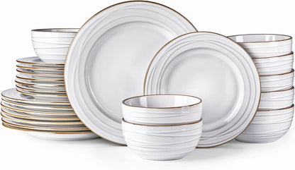 GBHOME Ceramic Dinnerware Sets, 24 pcs Embossed Elegant Stoneware Plates and Bowls Sets