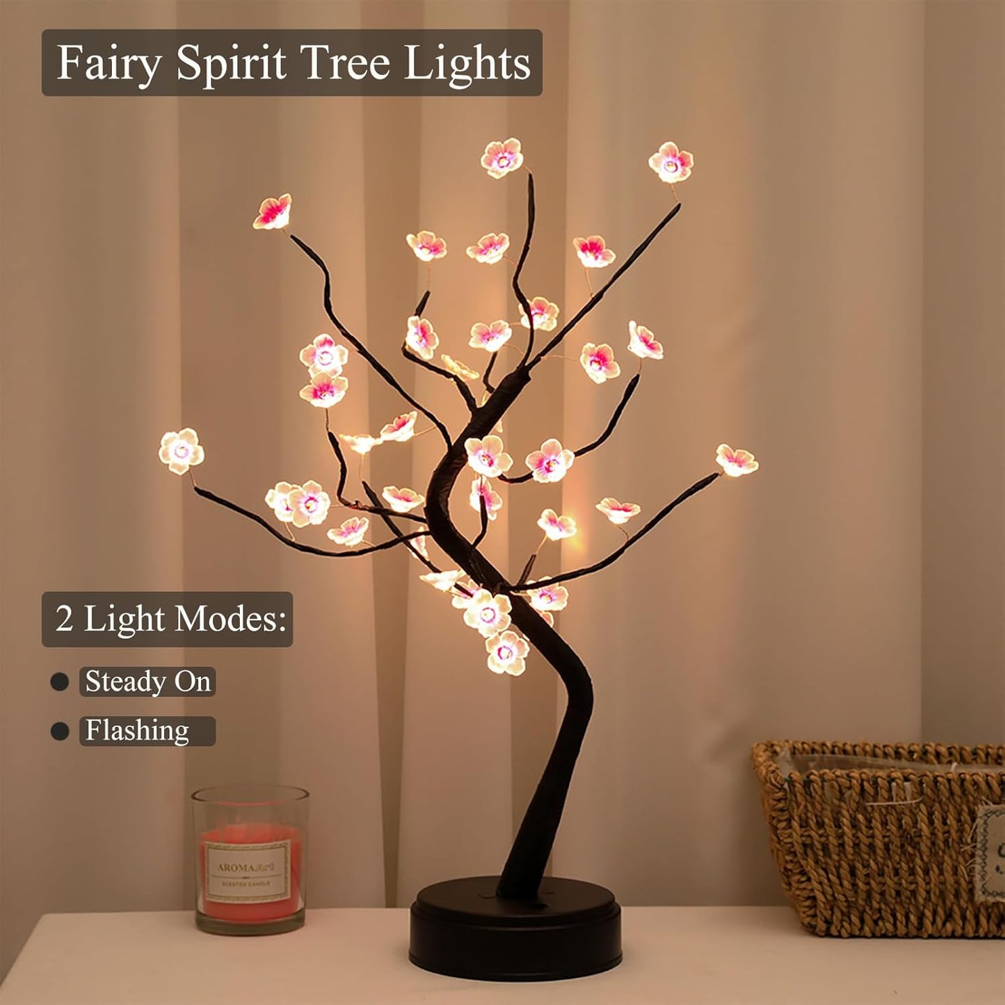 36 LED Cherry Blossom Sparkly Fairy Spirit Tree Lights, Twinkling Tree 3AA&USB Powered, Tabletop