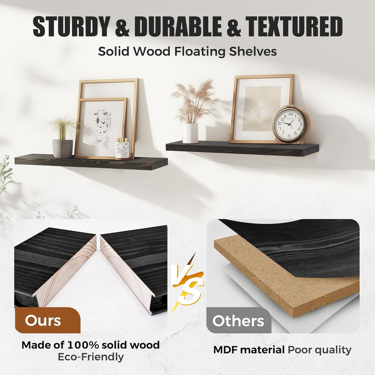 24"x6.8"x1.2" Solid Wood Floating Shelves 2-Pack - Rustic Black Finish with Hidden Brackets