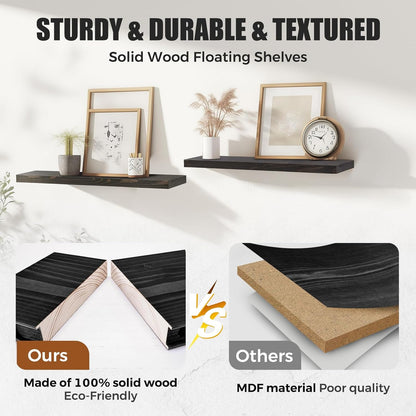 24"x6.8"x1.2" Solid Wood Floating Shelves 2-Pack - Rustic Black Finish with Hidden Brackets