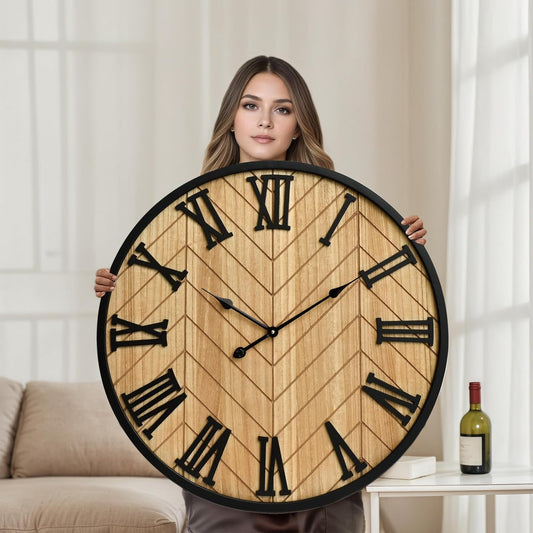 30 Inch Large Wall Clock Farmhouse Style - Brown Silent Non-Ticking Rustic Decor for Living Room