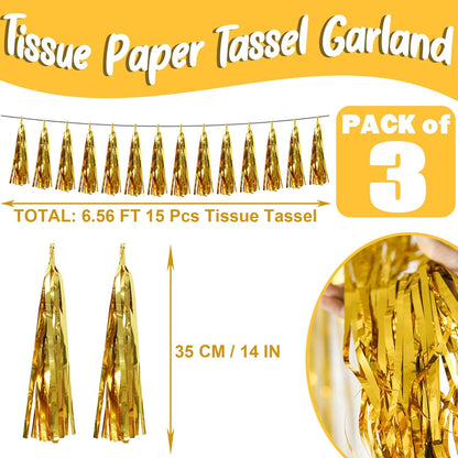 3P Gold Foil Fringe Metallic Tassel Streamers Banner Tassel Garland for Parade Floats