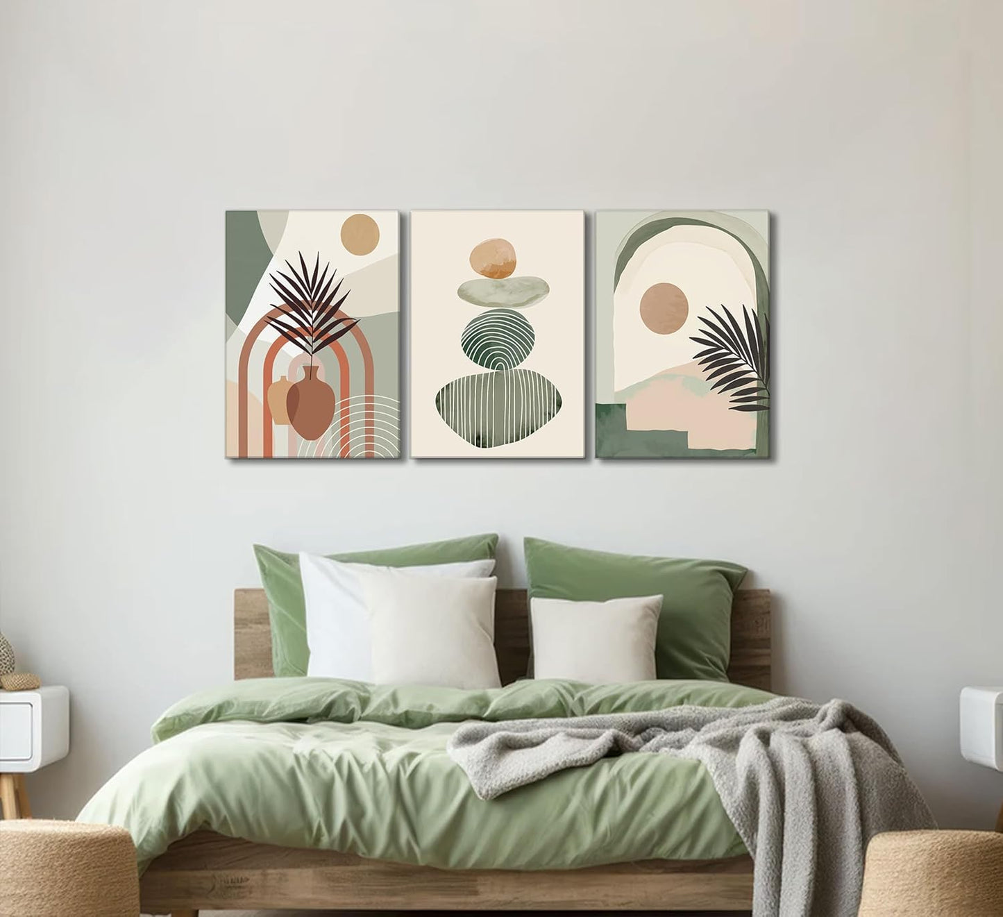 3 Pcs Mid Century Modern Boho Abstract Canvas Wall Art Neutral Green Bohemia Sun and Plant Pictures