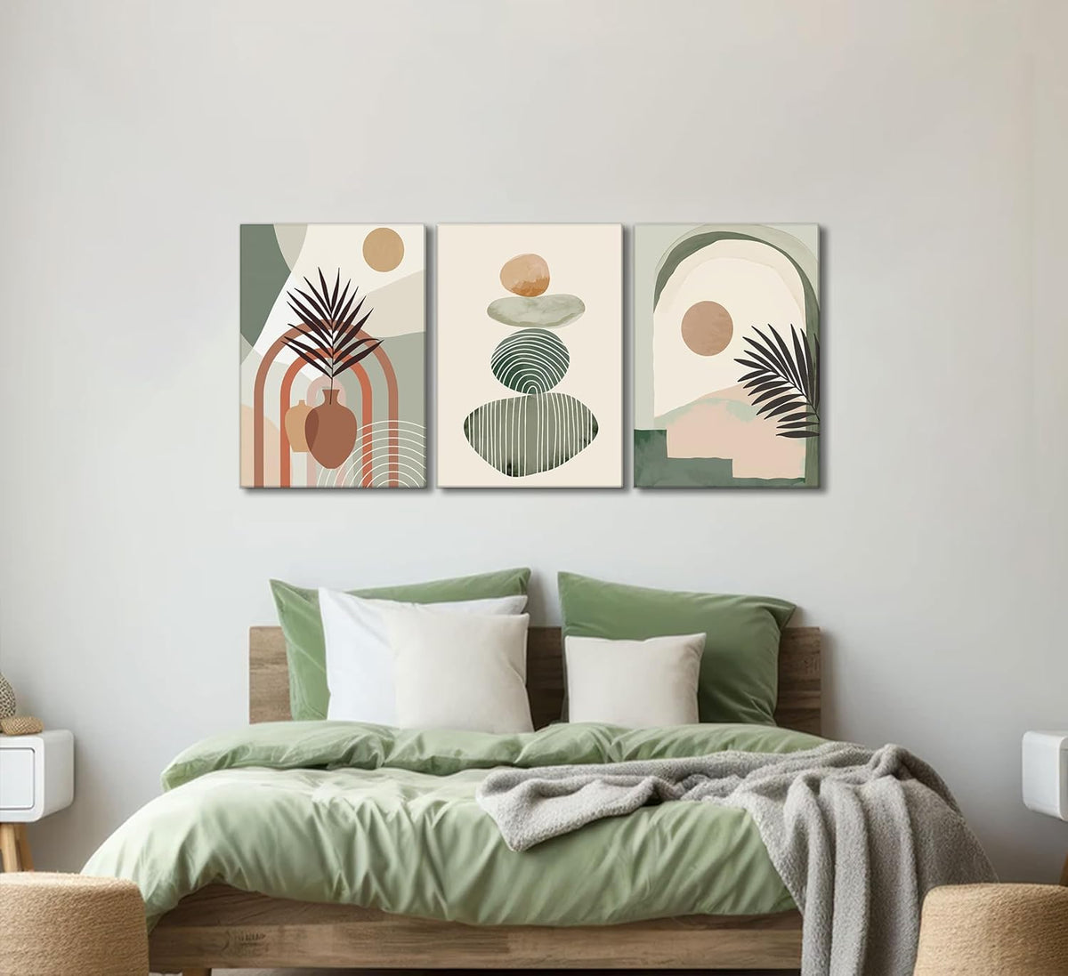 3 Pcs Mid Century Modern Boho Abstract Canvas Wall Art Neutral Green Bohemia Sun and Plant Pictures