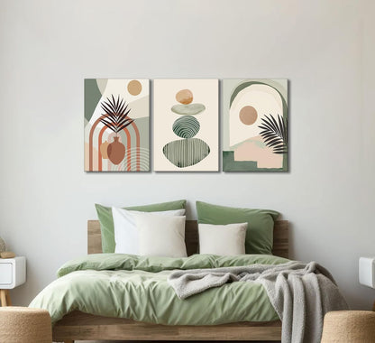 3 Pcs Mid Century Modern Boho Abstract Canvas Wall Art Neutral Green Bohemia Sun and Plant Pictures