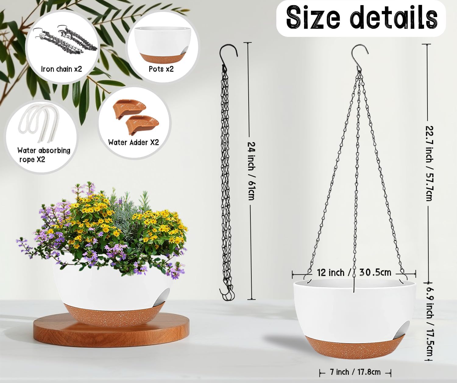 2 Pack 12 Inch Large Hanging Planters with Chains Self Watering White Brown Plastic Hanging Pots