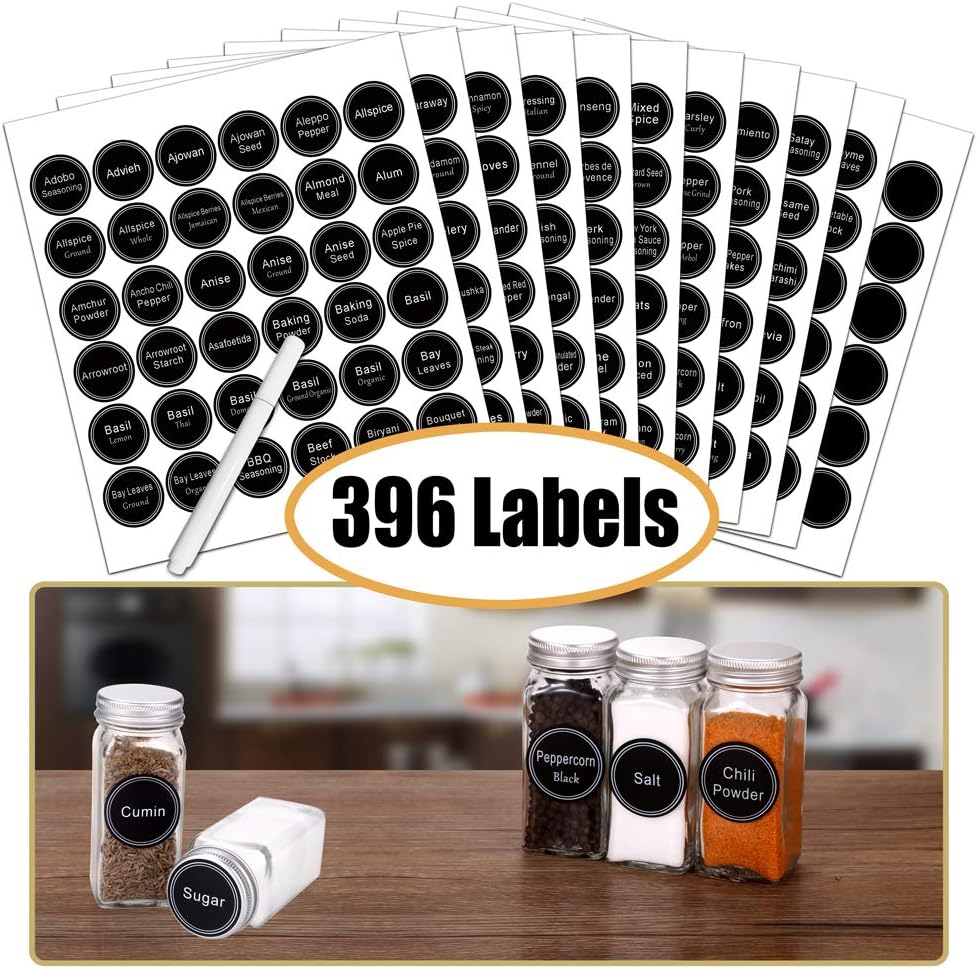 SWOMMOLY Spice Rack Organizer with 36 Empty Square Spice Jars, 396 Spice Labels with Chalk Marker
