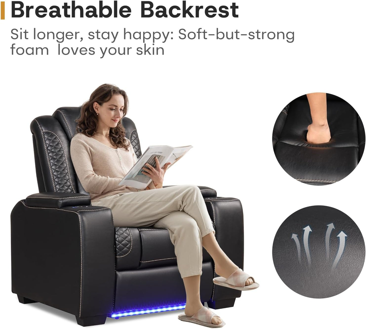 ANJ Power Theater Recliners Set of 3, Electric Home Theater Seating, Black Faux Leather Recliner