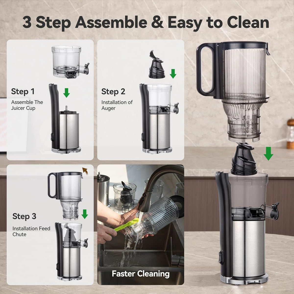 Juicer Machines, Cold Press Juicer with 5.0” Large Feed Chute Fit Whole Fruits & Vegetables