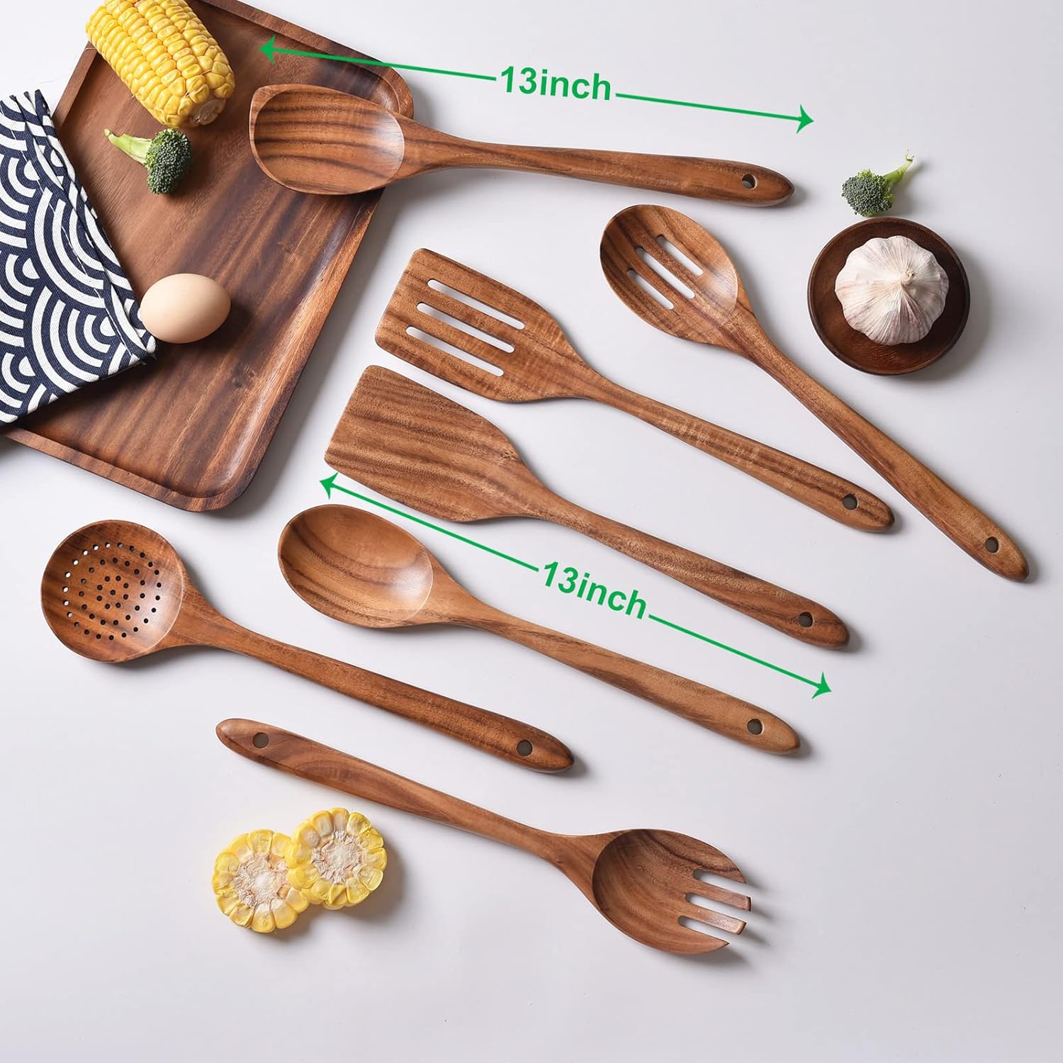 Gudamaye 13 inch Long Wooden Utensils for Cooking, Long Handle Wooden Spoons for Cooking, 7 PCES