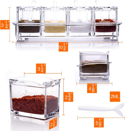 ME.FAN Clear Seasoning Rack Spice Pots - 4 Piece Acrylic Seasoning Box - Storage Container