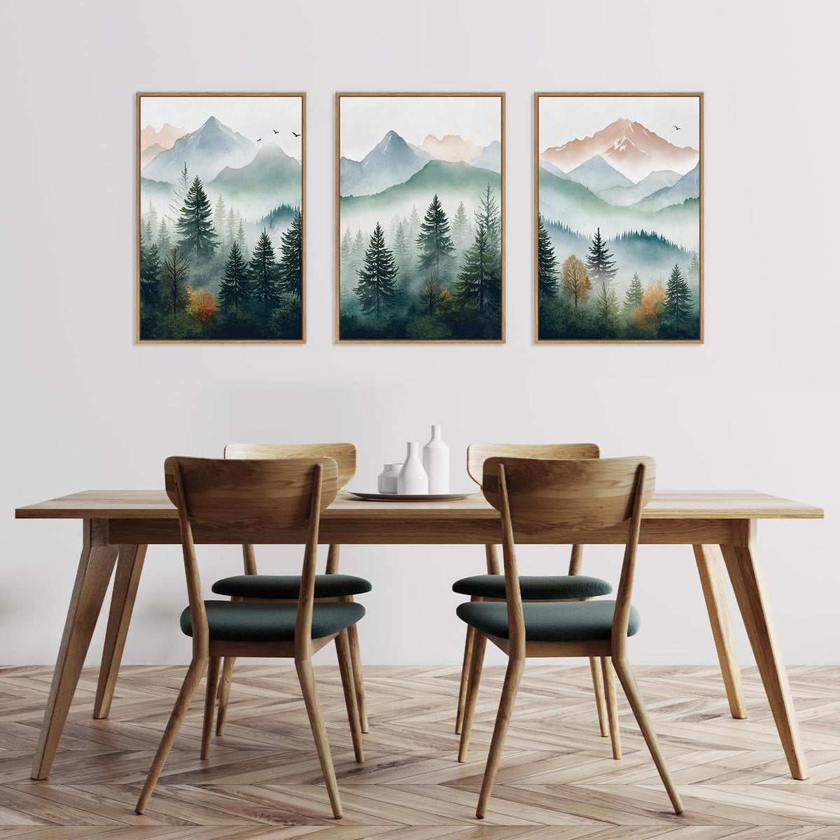 HLNIUC Misty Mountain Forest Framed Wall Art Set,Green Fog Pine Tree Wall Decor,White Foggy Forest