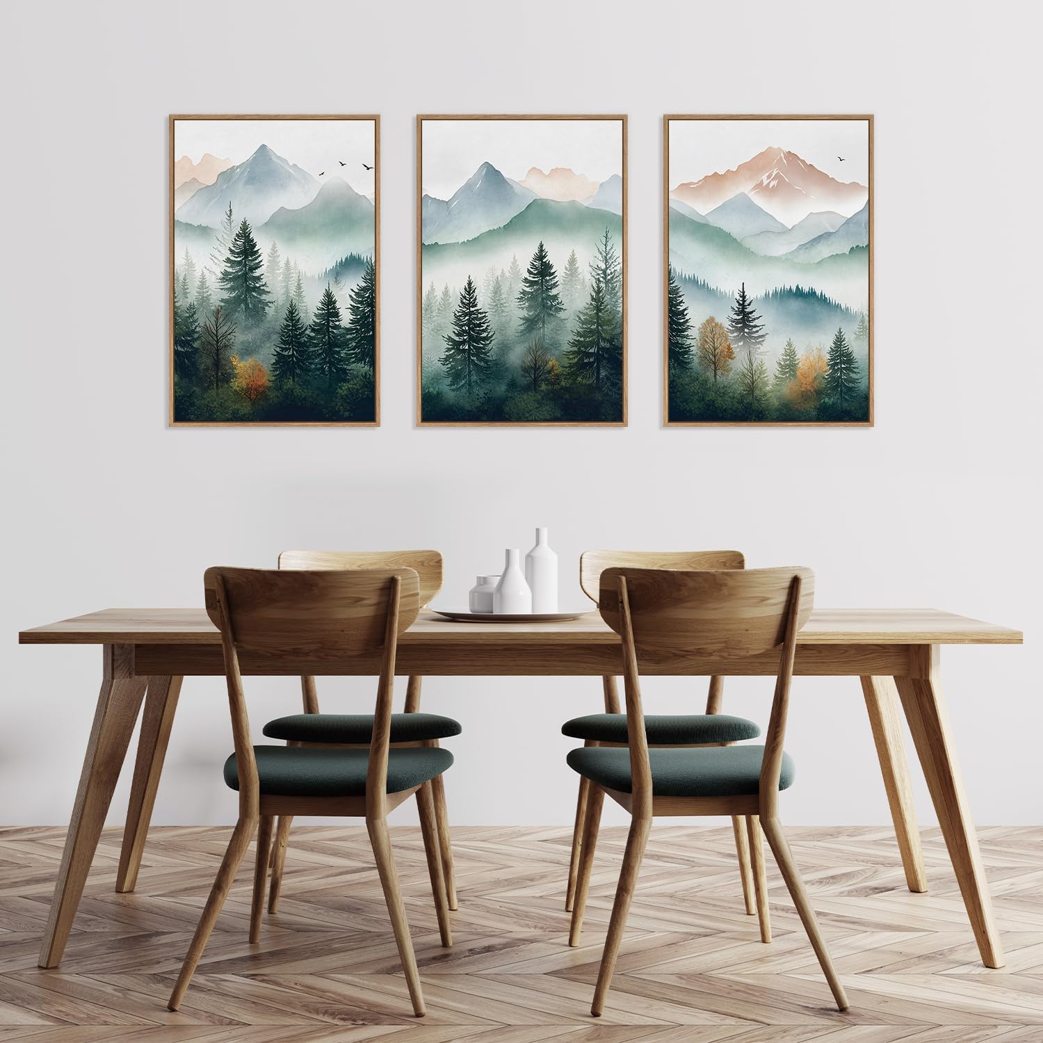 HLNIUC Misty Mountain Forest Framed Wall Art Set,Green Fog Pine Tree Wall Decor,White Foggy Forest