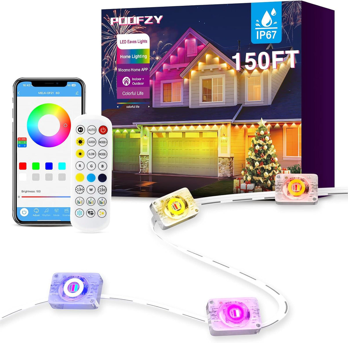 POOFZY Permanent Outdoor Lights for House, 150ft RGB+IC Smart Outdoor Decor, 50 Scene Modes