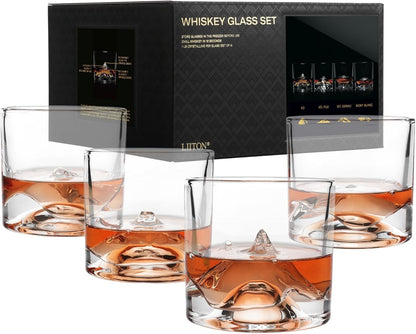 The Peaks Heavy Crystal Whiskey Glasses Gift Set of 4, Thick Freezable Bourbon Glass 1lb Each