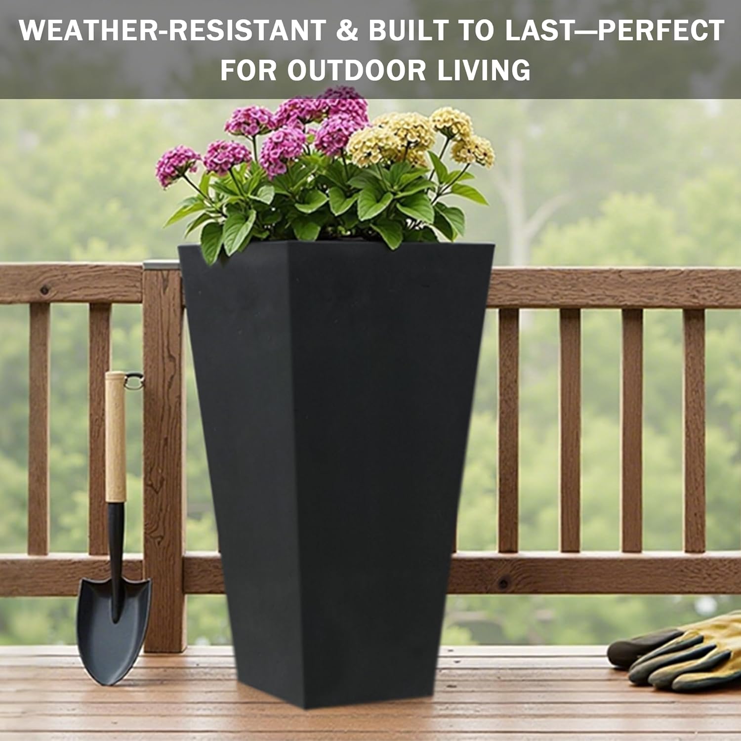 GreenShip 27" Tall Planters, Set of 2 – Black Outdoor Planter for Front Porch & Tall Plants