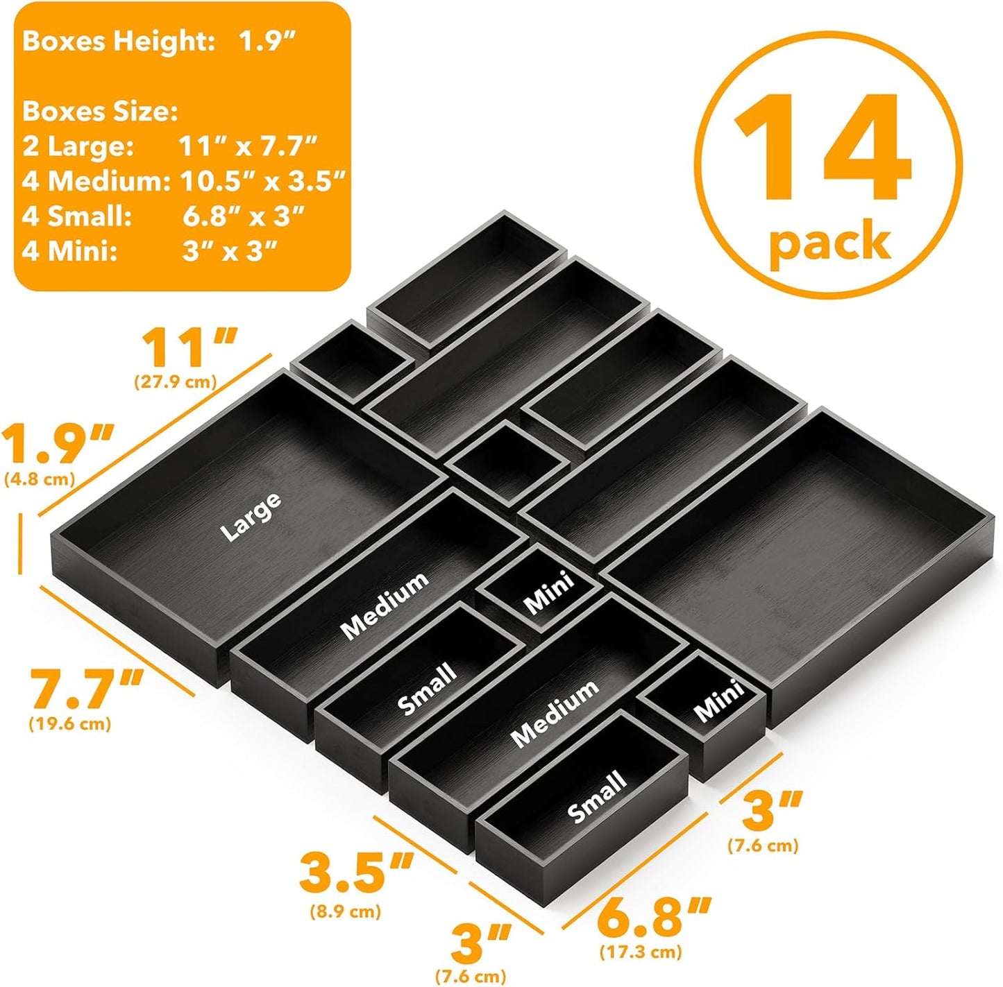 SpaceAid 14-Piece Bamboo Drawer Organizer Storage Boxes Set, Wood Tray Junk Drawer Organizers