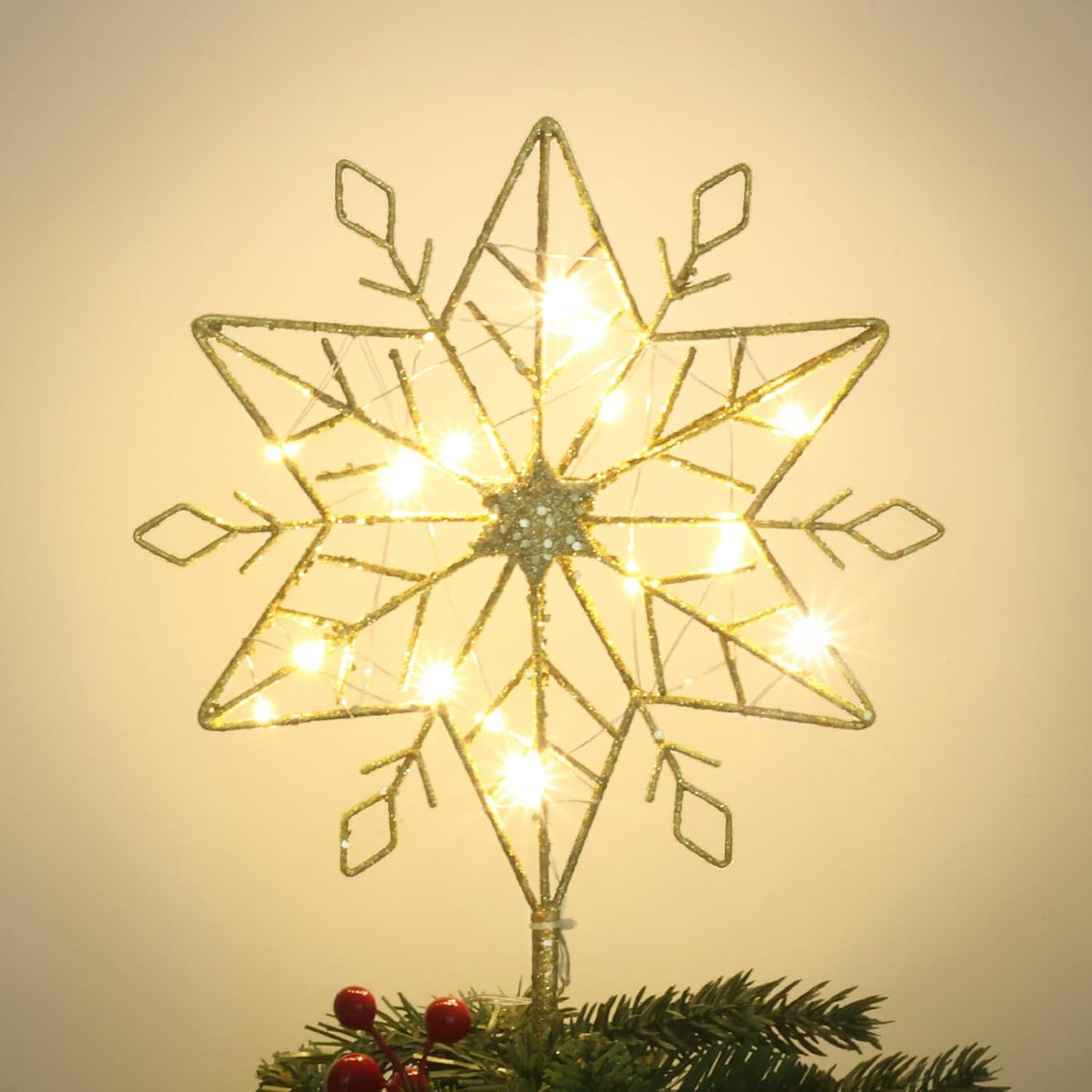 hogardeck Christmas Tree Topper, 10 Inches Lighted Gold Snow Tree Topper, 20 LED Lights Gold