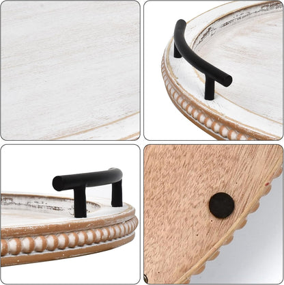 SwallowLiving 18Inch White Wooden Beaded Serving Tray with Handle Decorative Rustic Whitewashed